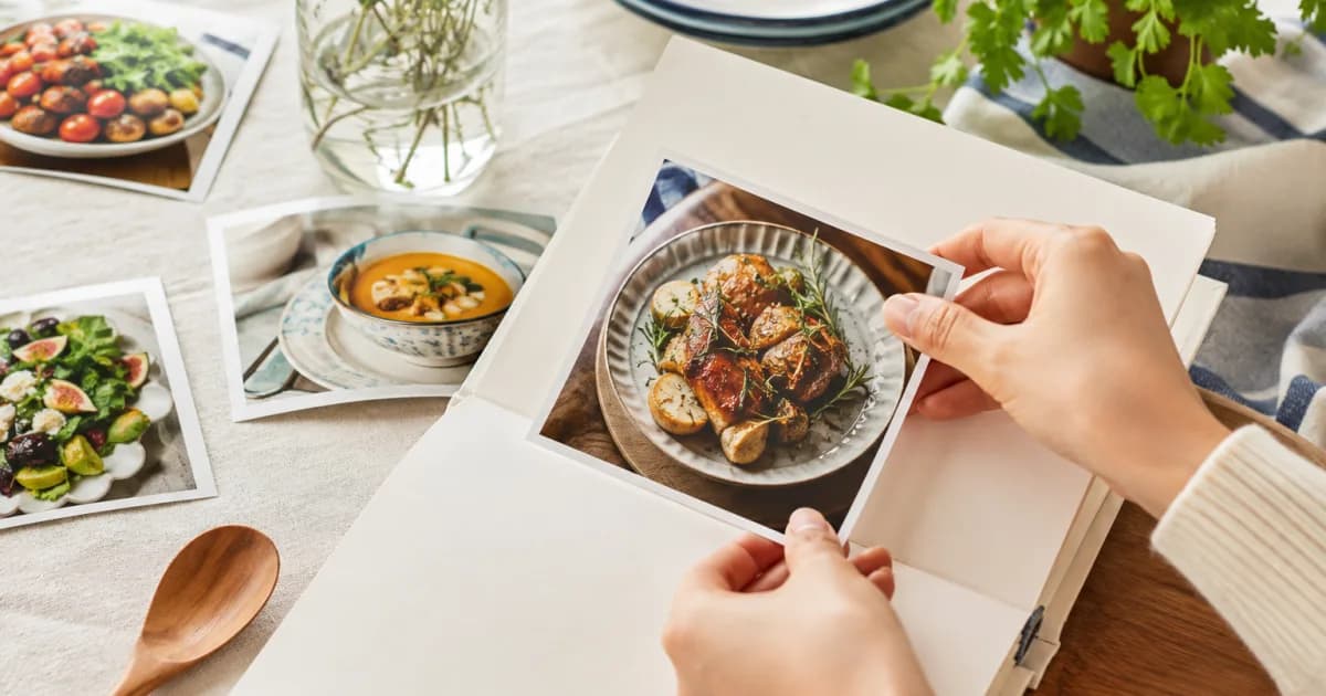 完成した料理の写真を空白の写真帳に入れる手と、皿やハーブのある食卓