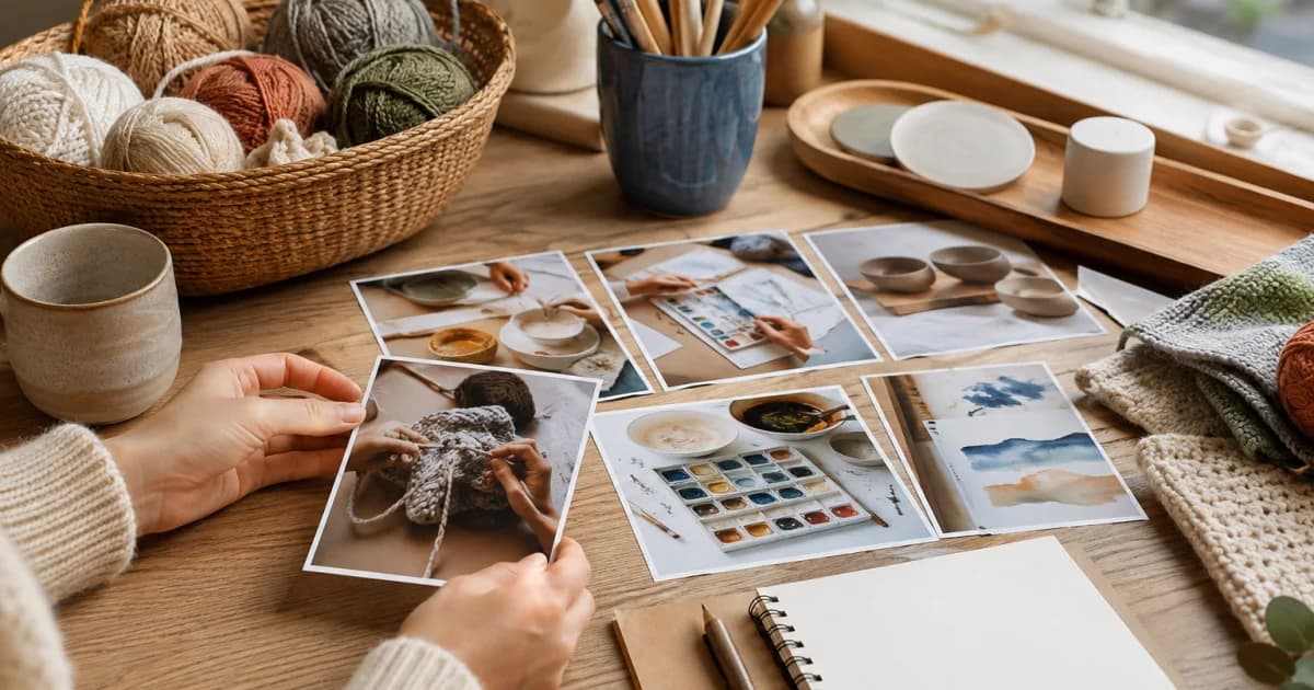 Knitting, watercolor, and pottery-making photos spread across a workbench beside yarn and brushes