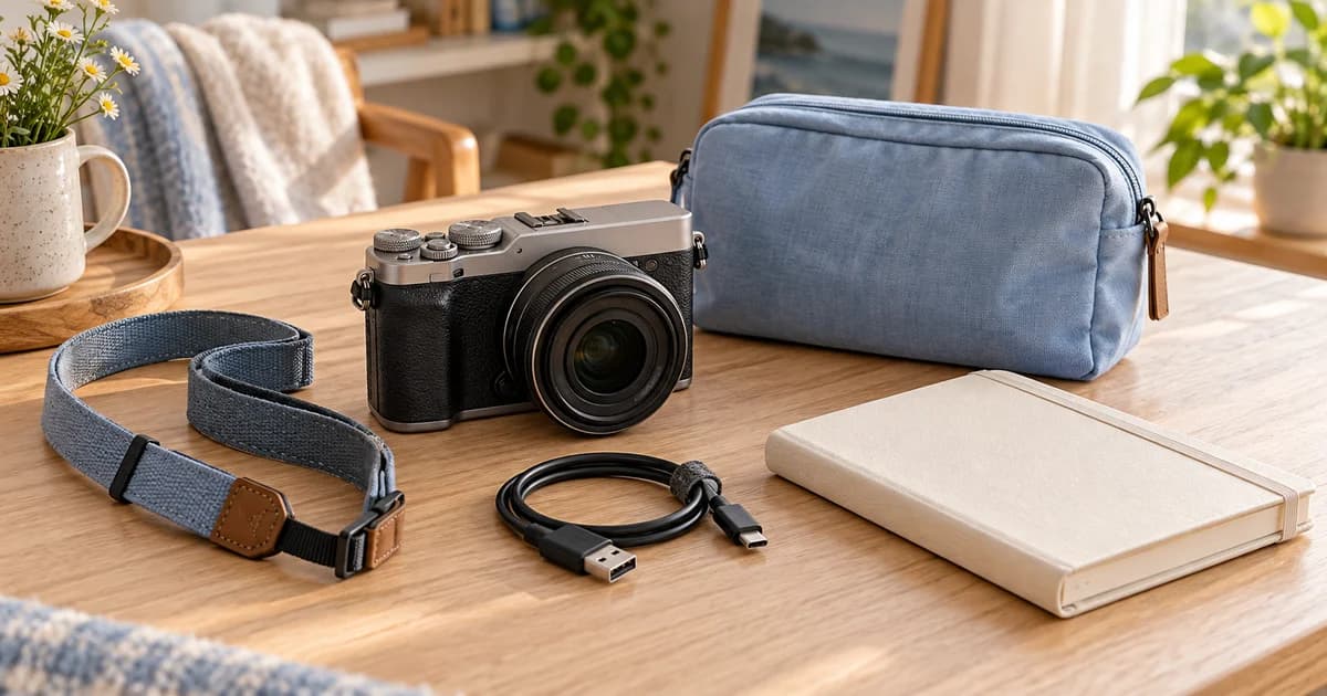 A camera, strap, charging cable, pouch, and blank notebook arranged side by side on a wooden desk