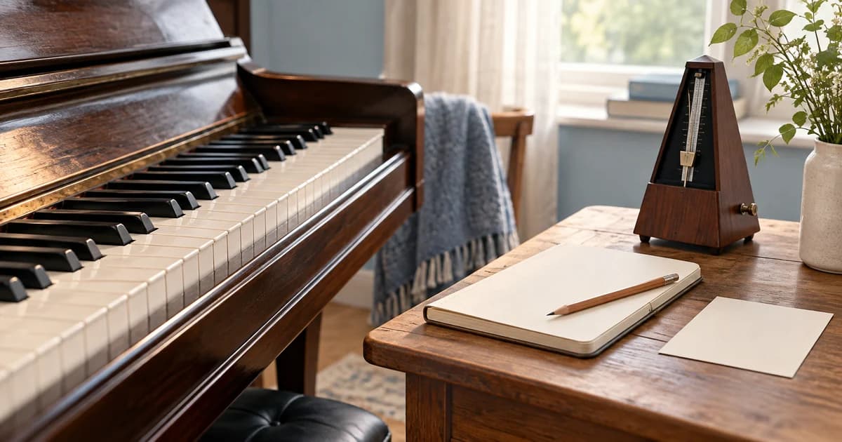 A blank notebook, a pencil, and a metronome on a wooden table beside piano keys