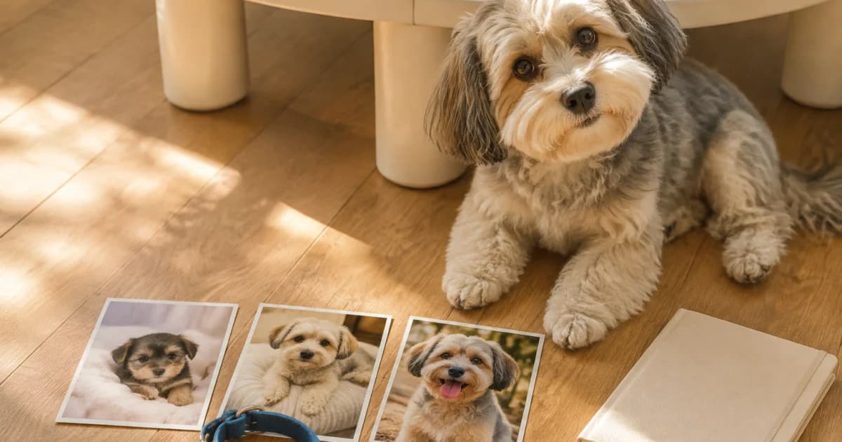 A desk with a dog, three growth photos, and a light-blue leash