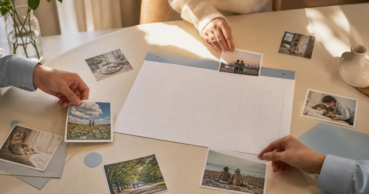 Several people's hands placing printed photos around a blank monthly calendar