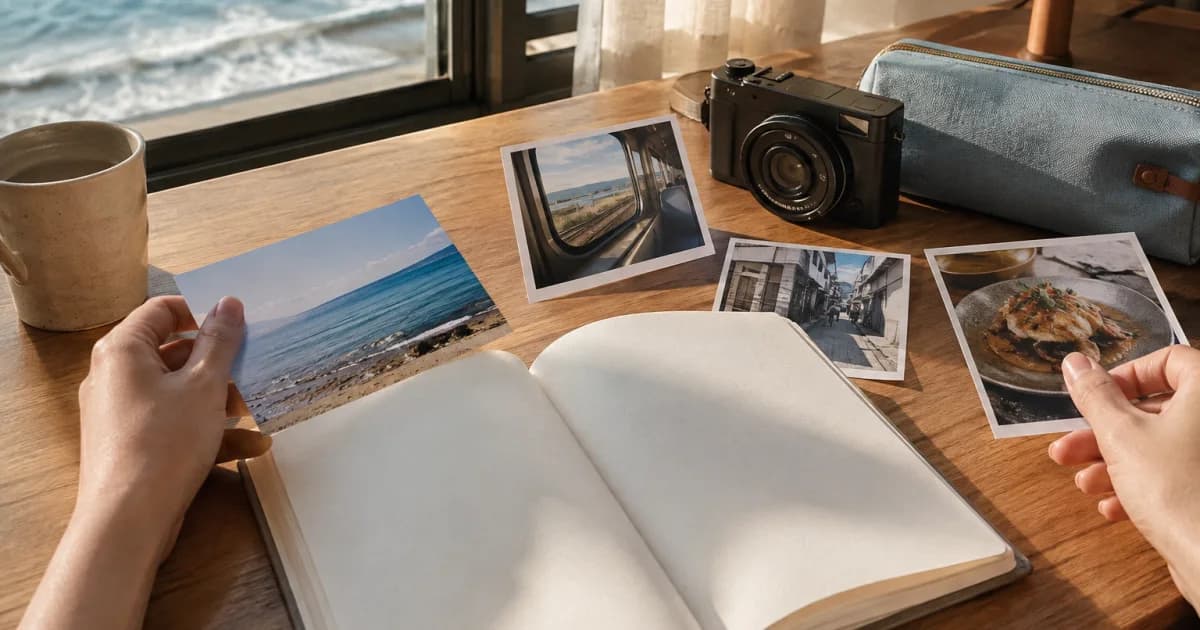 A camera, travel photos, a blank travel notebook, and a light-blue pouch on a desk overlooking the sea
