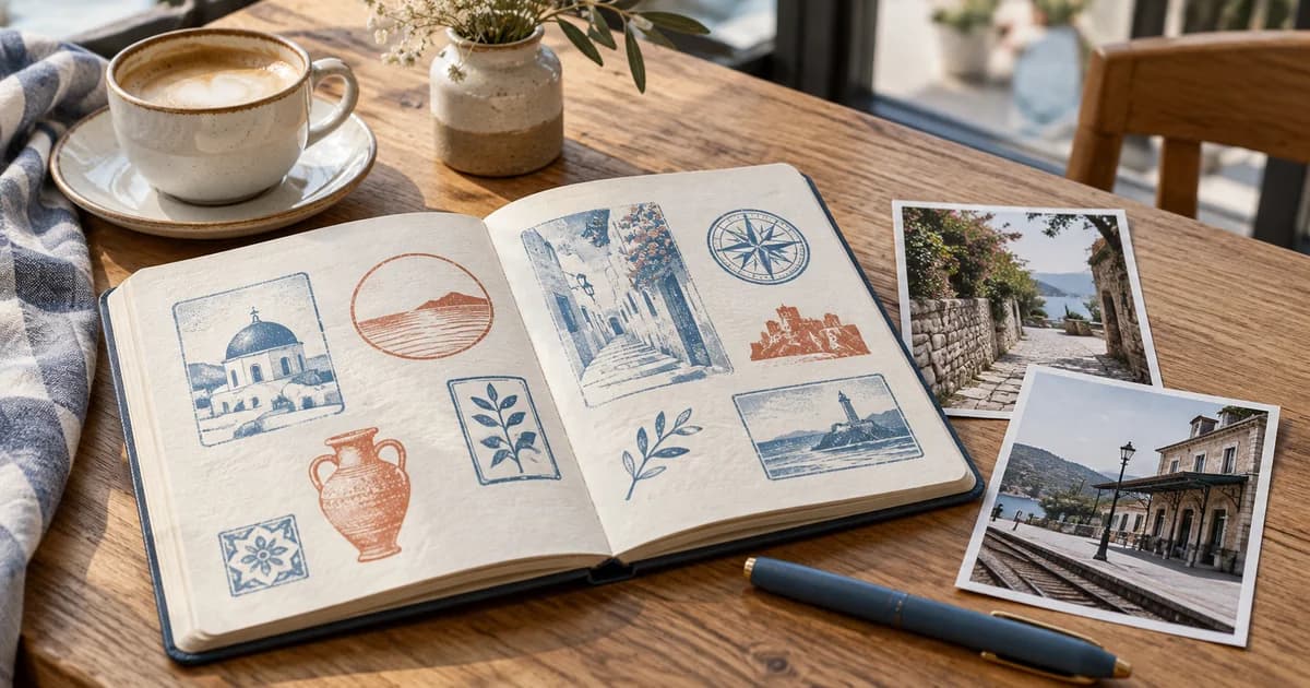 旅の絵柄のスタンプを押したノート、小さな旅行写真、水色のペンを木のテーブルに広げた場面