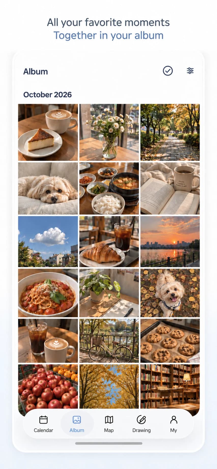 Pogaem album showing everyday photos of cafés, pets and travels