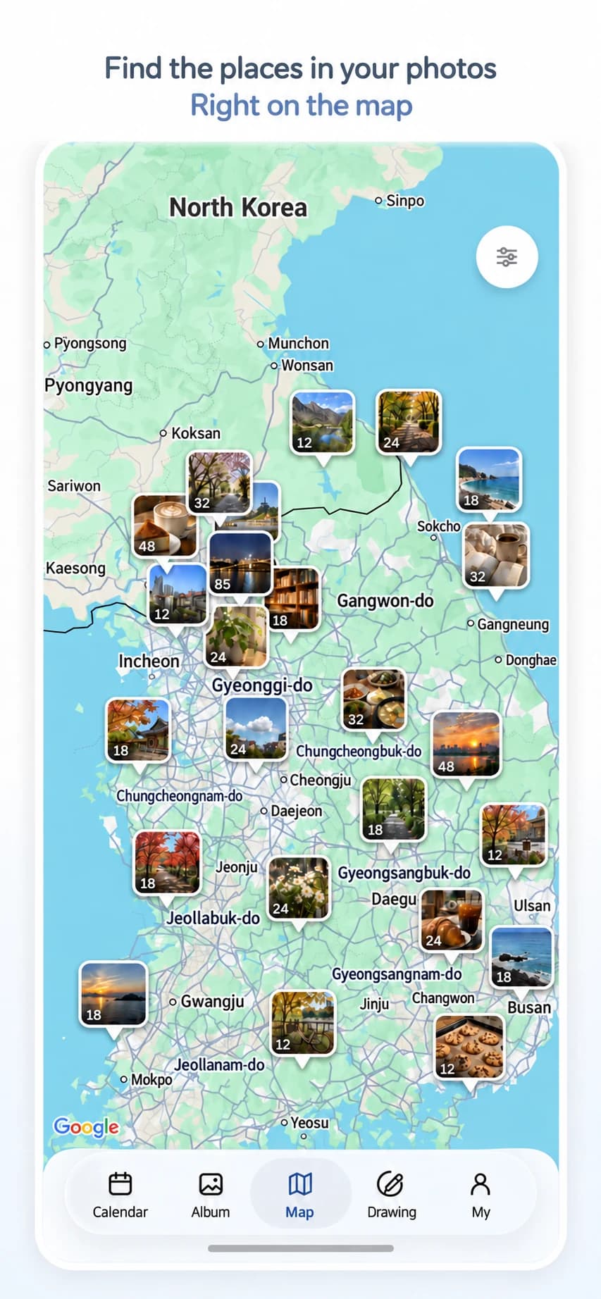 Pogaem photo map with photos grouped by their locations
